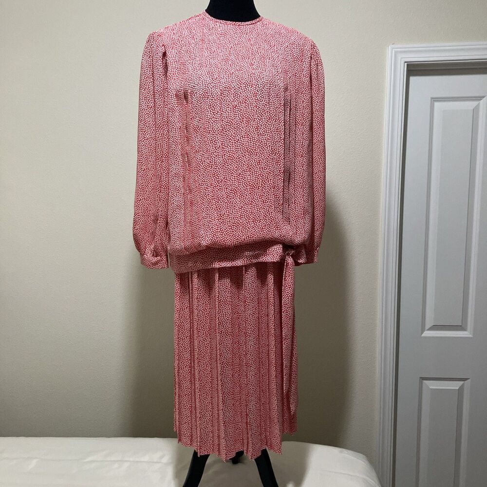 Vintage 70s Drop Waist Skirt Suit Pleated Red White In The Mood Sz 10 Retro